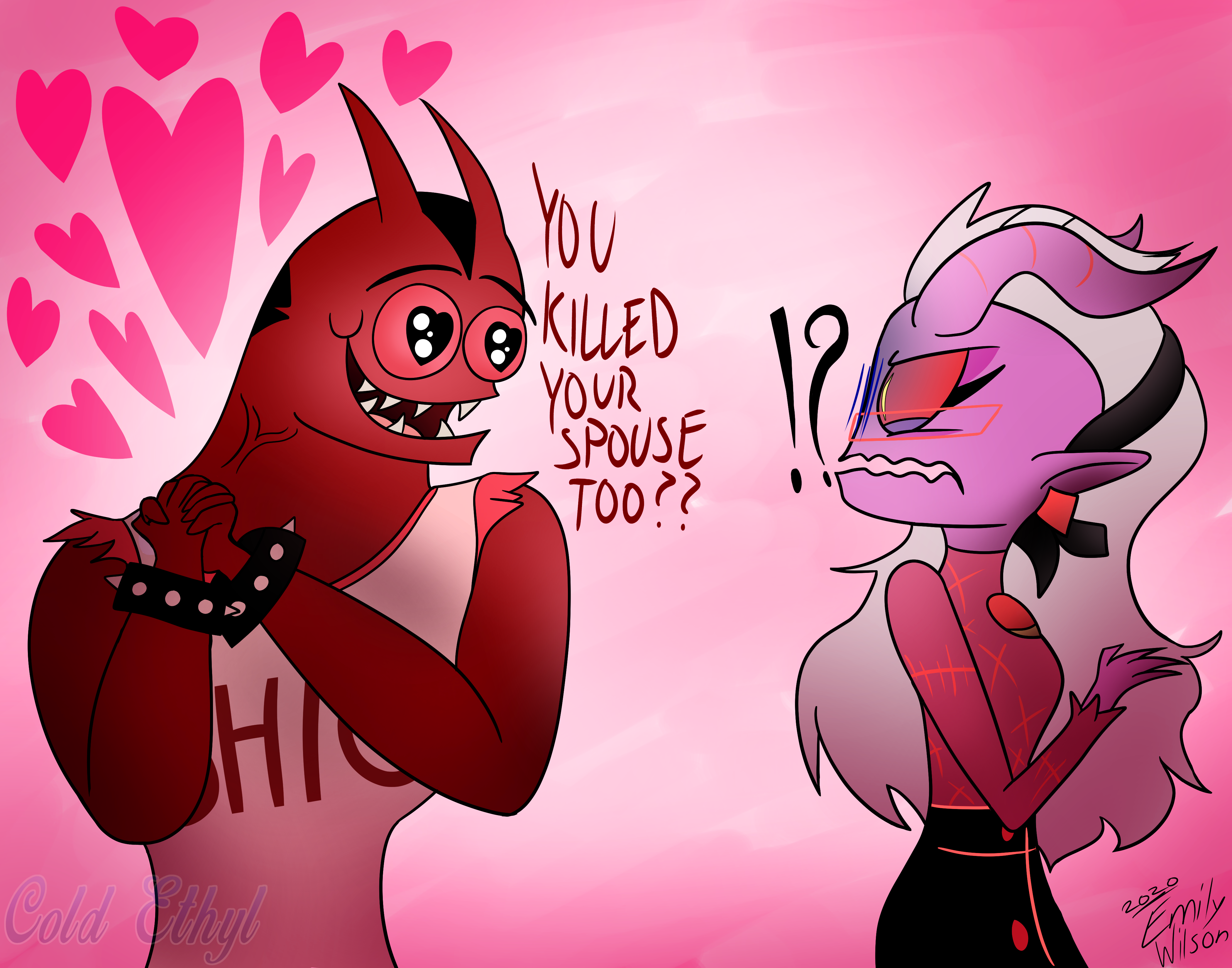 Artwork depicting Ohio (red sinner / right) holding his own hands while looking lovey dovey at Mrs. Mayberry (purple sinner / right), who looked mortified.