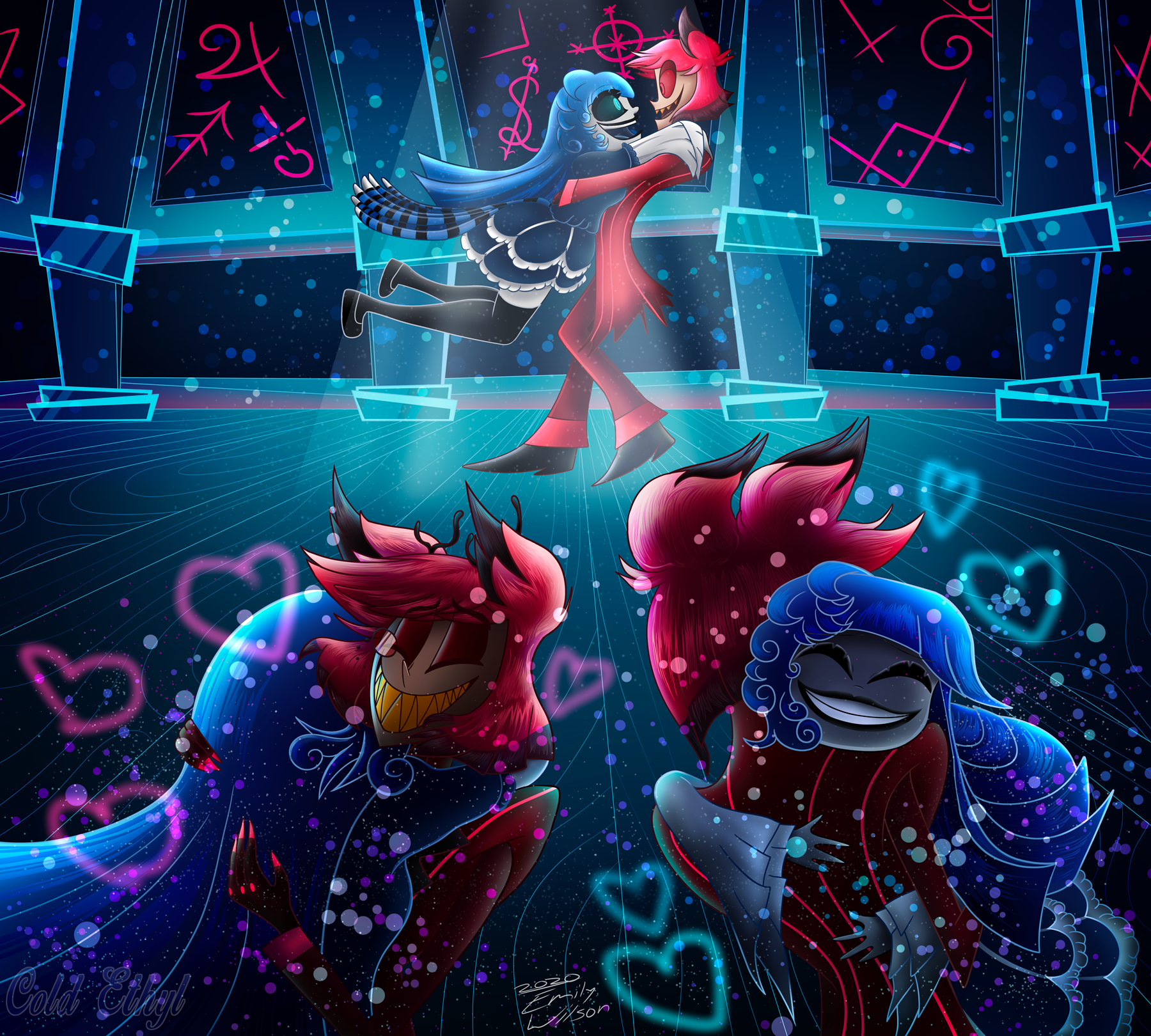 Artwork depicting Cold Ethyl and Alastor dancing in a blue hallway. Center shot shows Ethyl jumping into Alastor's arms. Bottom shots show alastor and Ethylynn spinning. Left showing Alastor's face with pink hearts and right showing Ethyl's face with blue hearts.