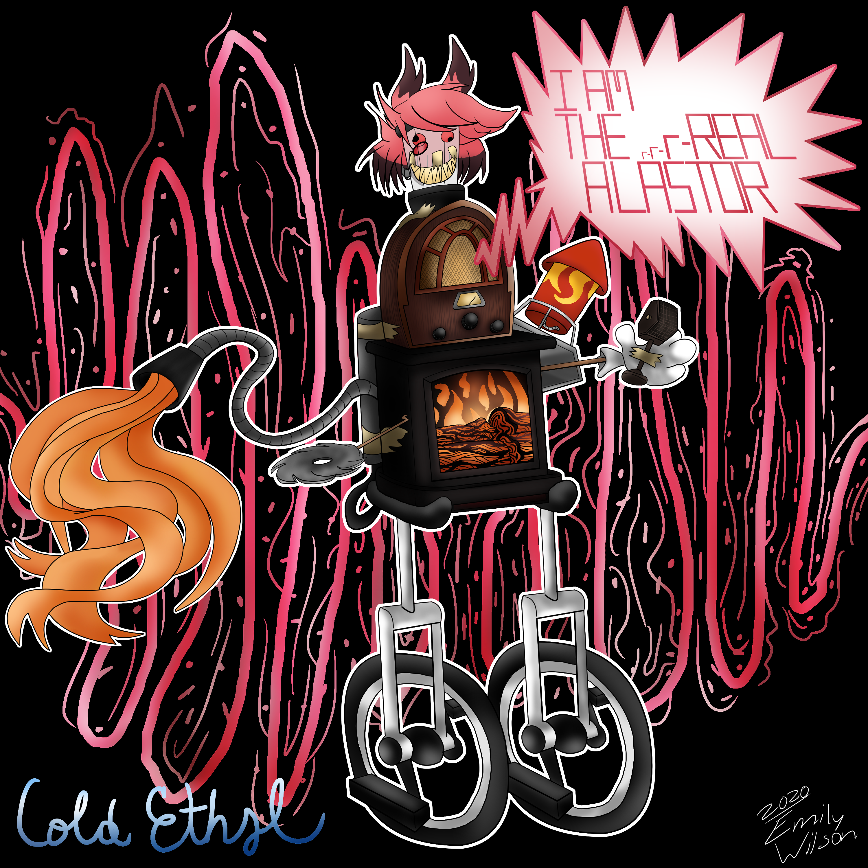 Digital art depicting a crappily-built Alastor Robot made of a wig, a blender with a face, a vintage radio, rocket launcher, an electric fireplace, a saw plate, a flame thrower, and two unicycles. The radio blurts out a message saying: 'I AM THE R-R-R-REAL ALASTOR.'