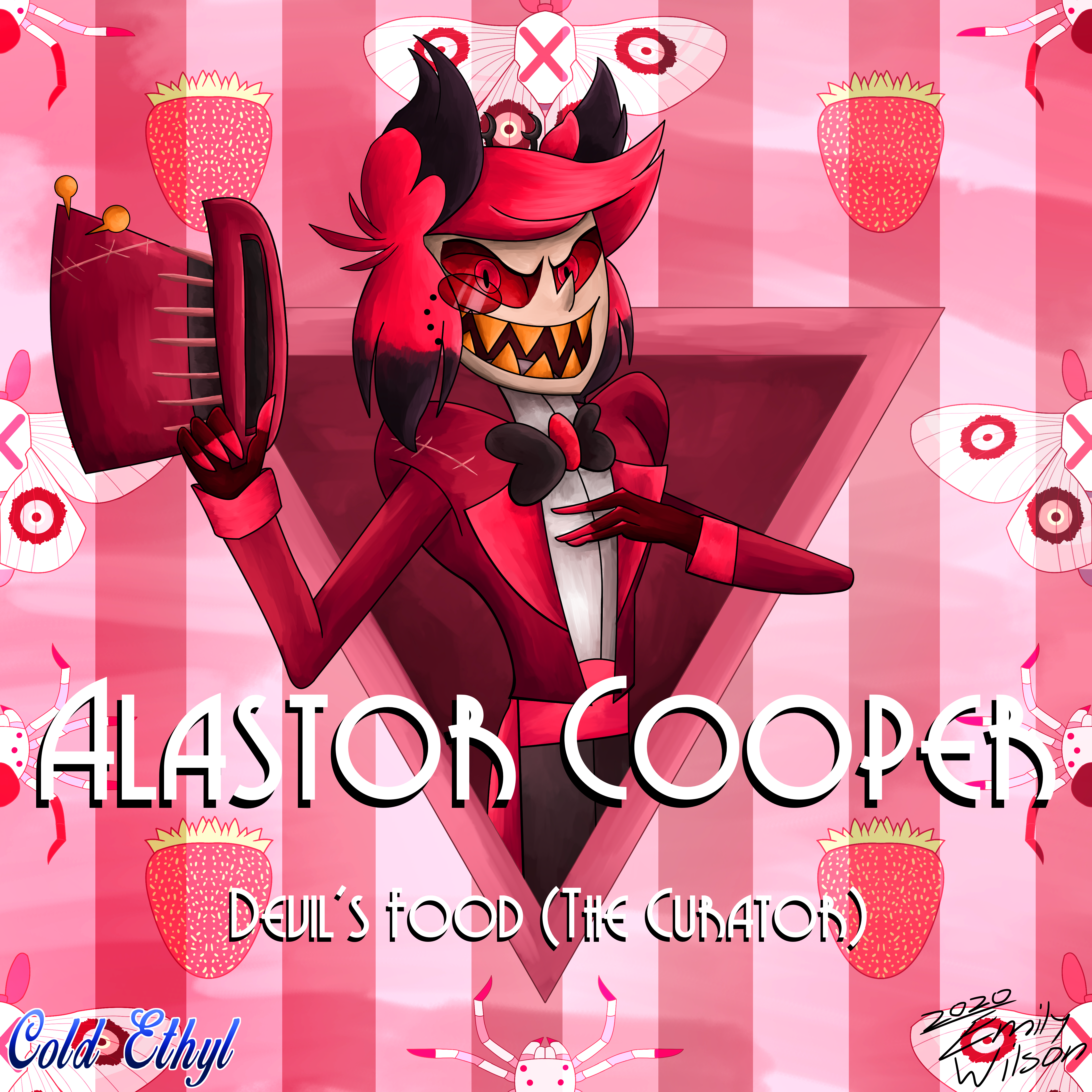 Digital art depicting Alastor popping out of a triangle while holding a top hat. Bottom text reads 'Alastor Cooper - Devil's Food (The Curator)' Background has strawberrys and moth butterfly and spider versions of Vaggie and Angel Dust.