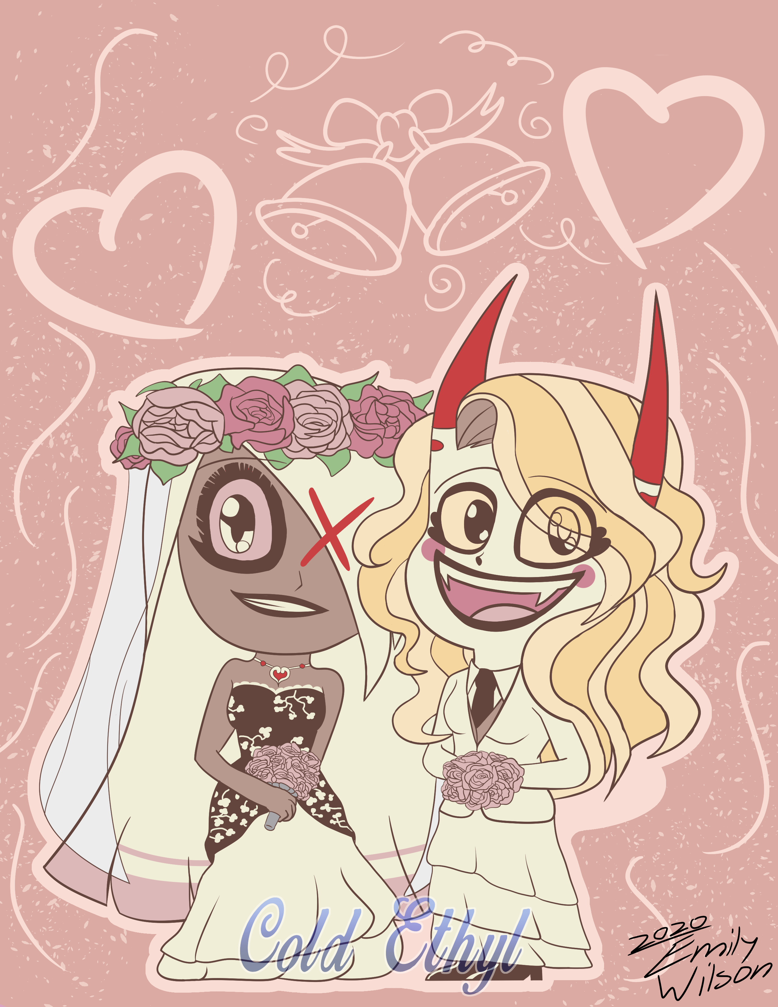 Chibi art depicting Vaggie (left) and Charlie (right) as wedding brides getting married.