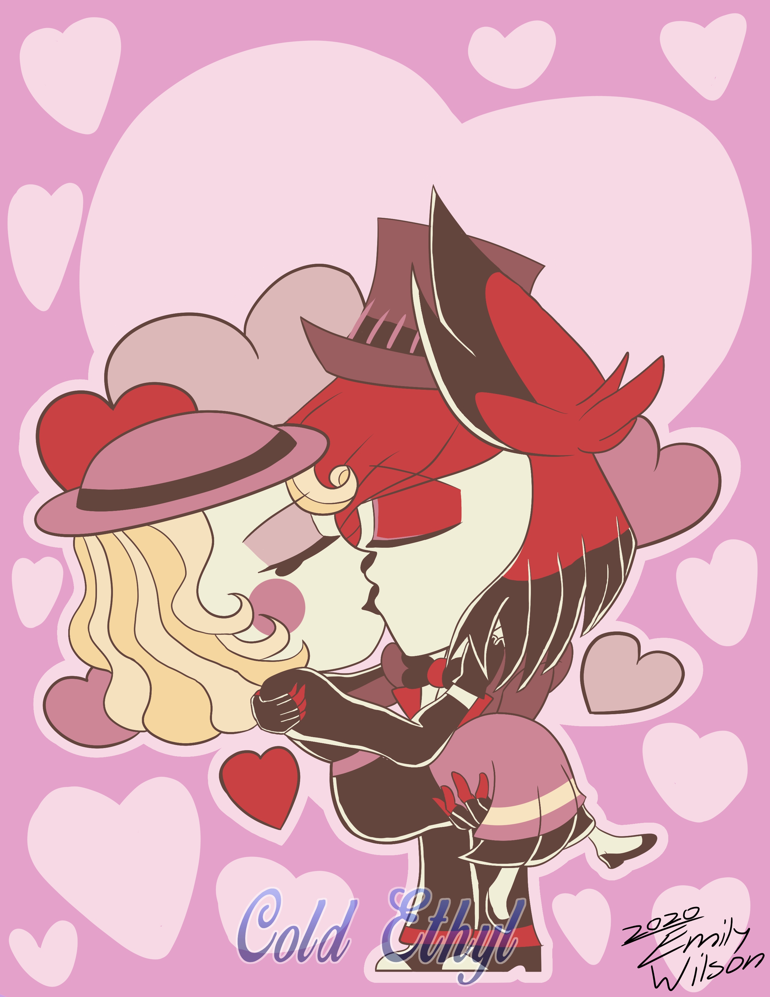 Chibi art of Charlie (left) being carried by Alastor (right). Both are kissing.