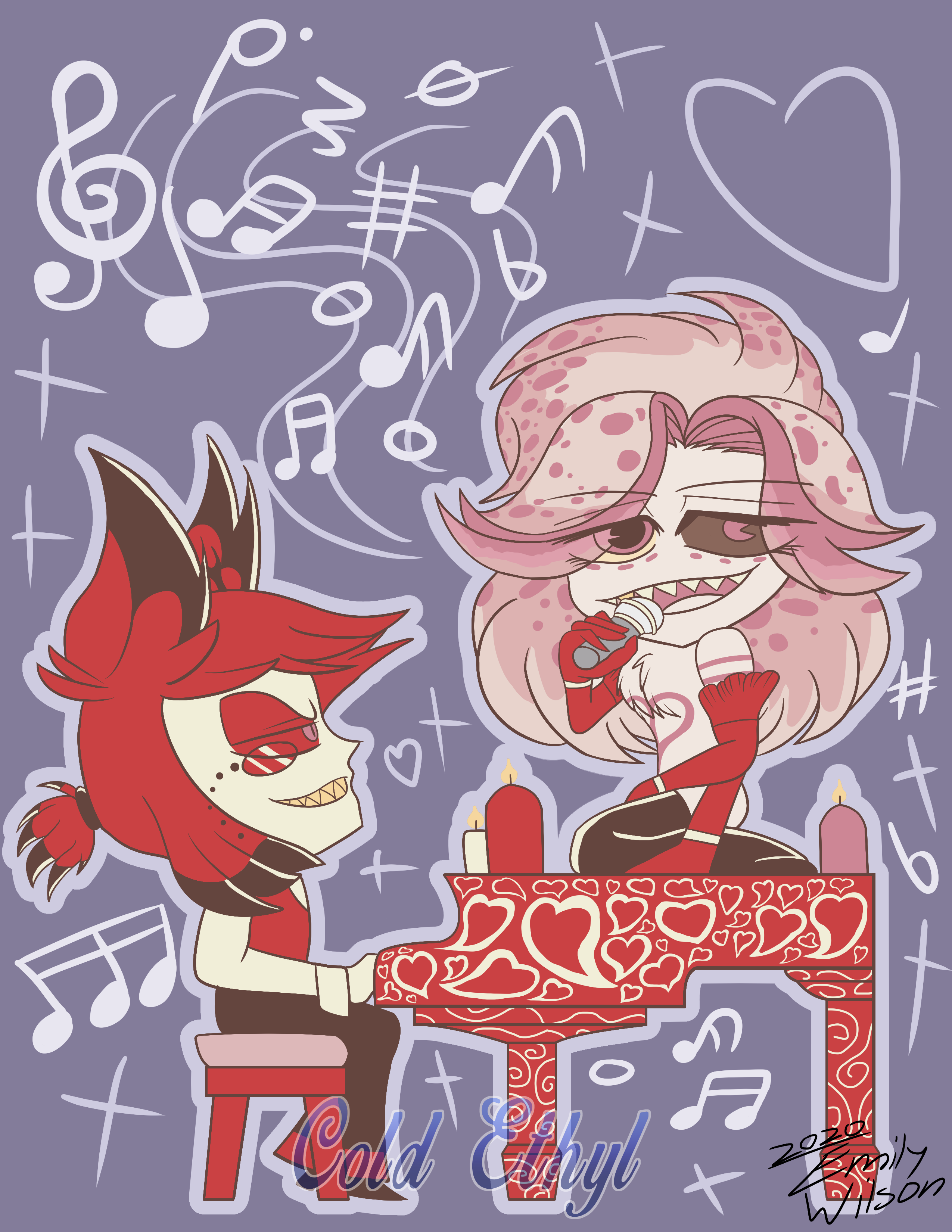 Chibi artwork depicting Alastor (left) playing a red piano with off-white hearts and Angel Dust wearing a drag queen wig singing.