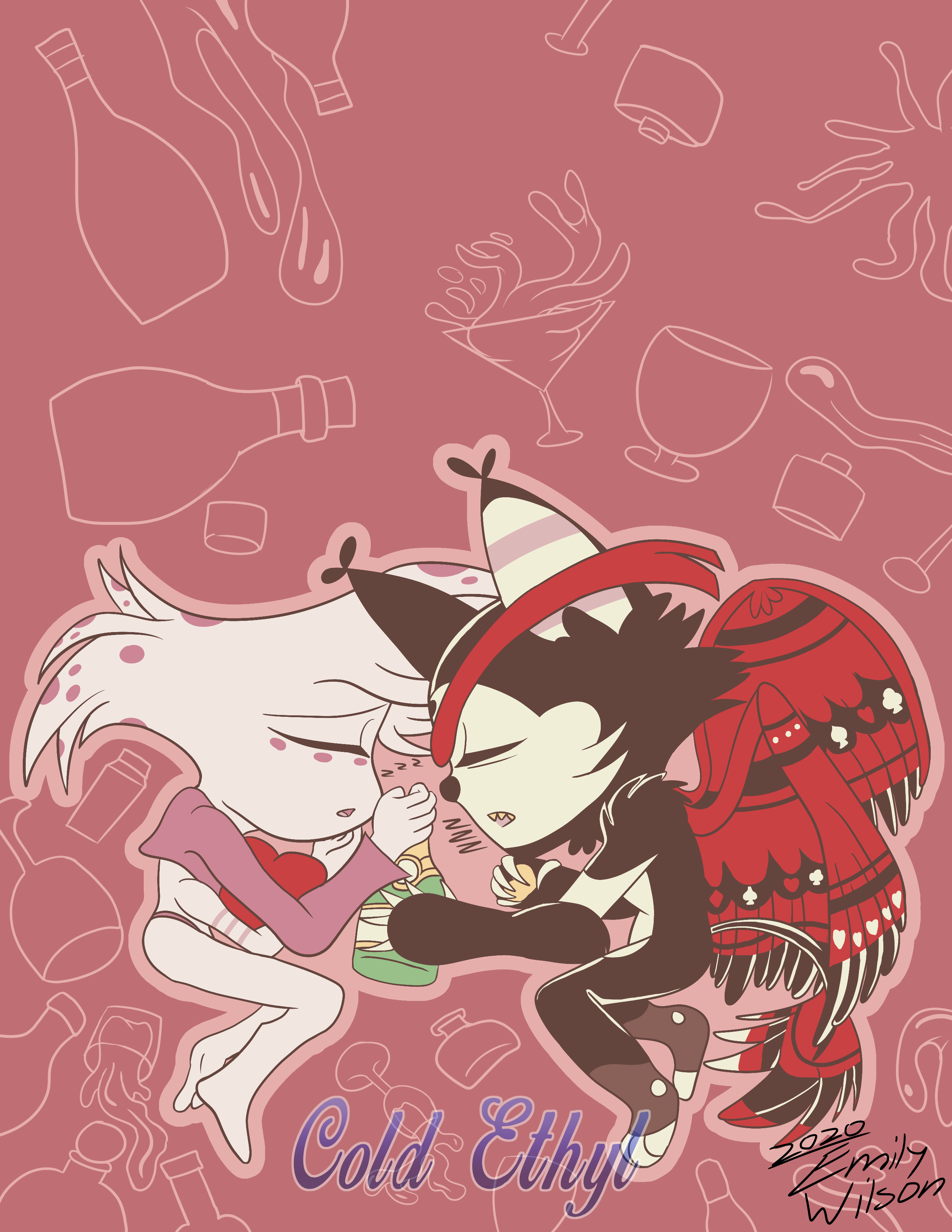 Chibi art depicting Angel Dust (left) holding a red heart pillow and a bottle of booze with Husk (right).
