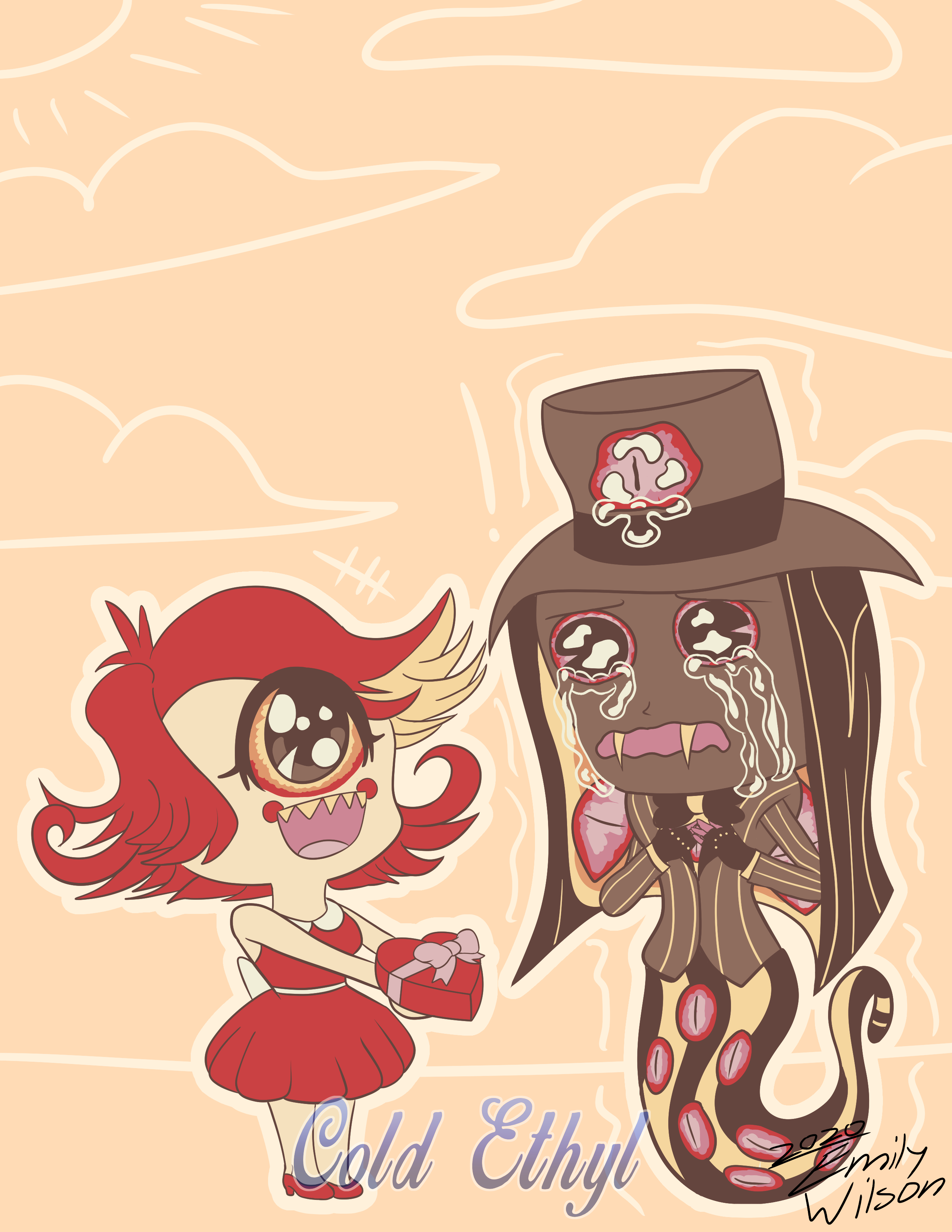 Chibi artwork depicting Niffty (left) presenting a heart-shaped box of chocolates to Sir Pentious (right), whose emotional.