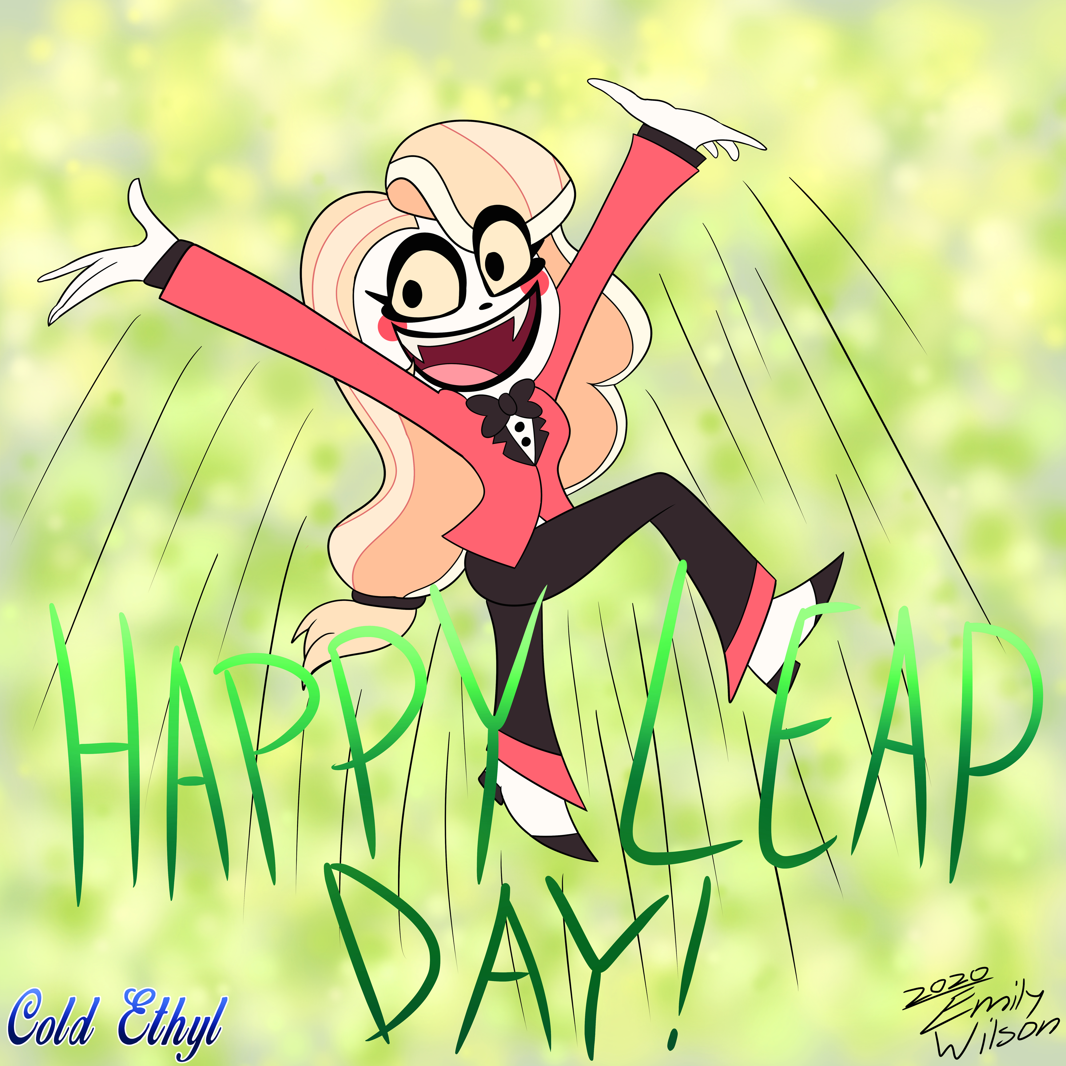 Image depicitng a chibi-styled Charlie from the Hazbin Hotel pilot jumping in the air with her arms out. Text reads Happy Leap Day!