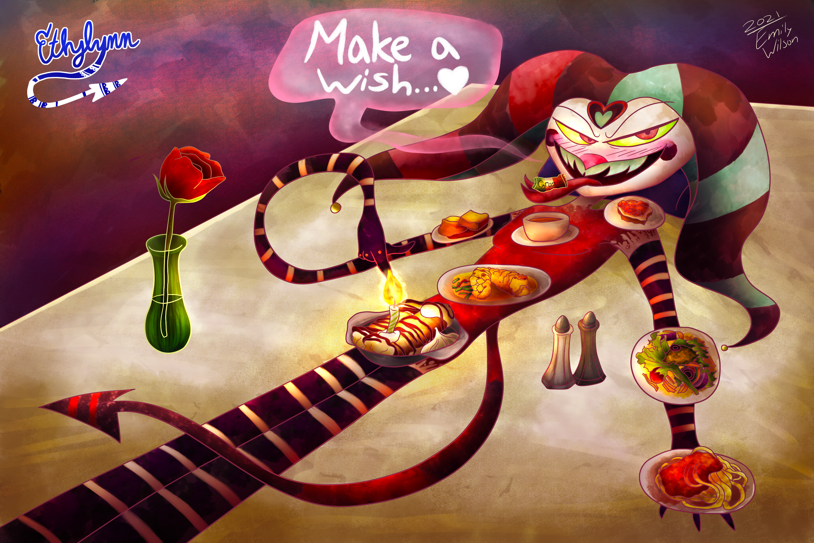 Artwork depicting Fizzarolli naked lying on a table covered in Italian. He points directly at a platter of cannolis with a birthday candle. He says 'Make a Wish...<3'