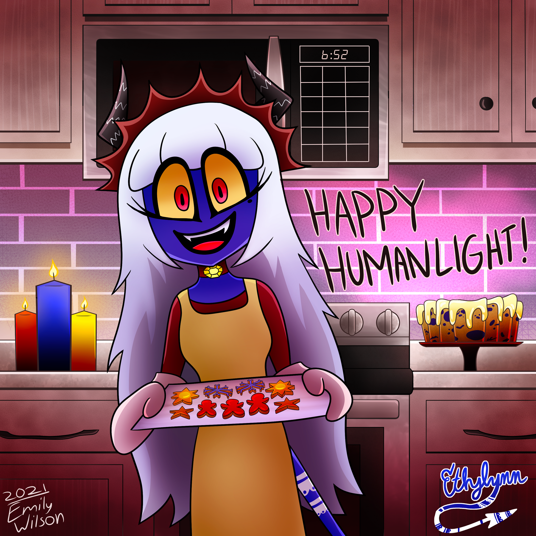 Artwork depicting Ethylynn wearing a red sun crown, red dress, and a yellow apron holding a tray of cookies. Background is a kitchen with holiday candles and a blueberry lemon cake. Text says 'Happy HumanLight!'