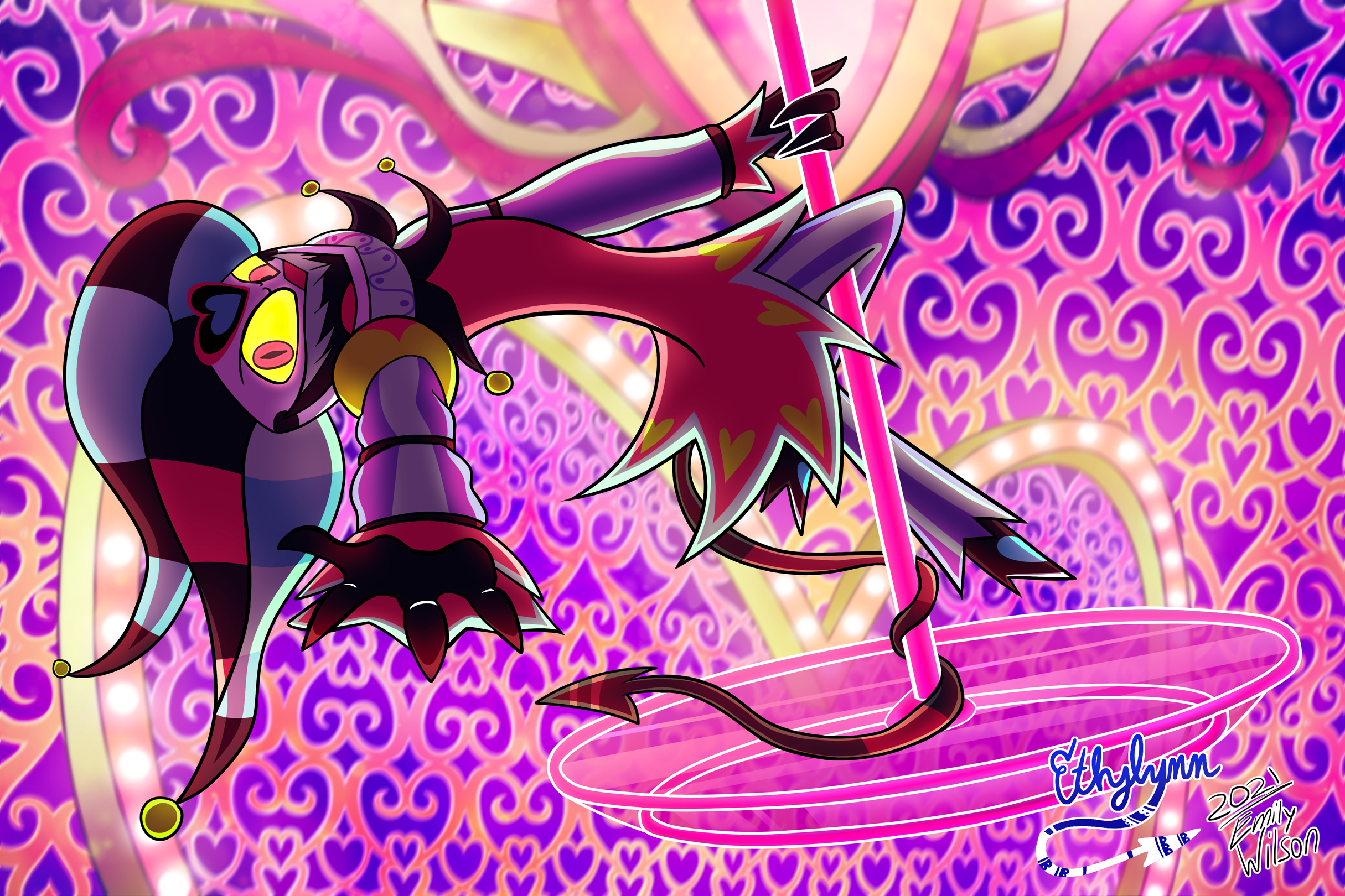 Artwork depicting Fizzarolli wrapped around a transparent pink ceiling pole with his legs and tail. His hand is reaching out to the viewer.