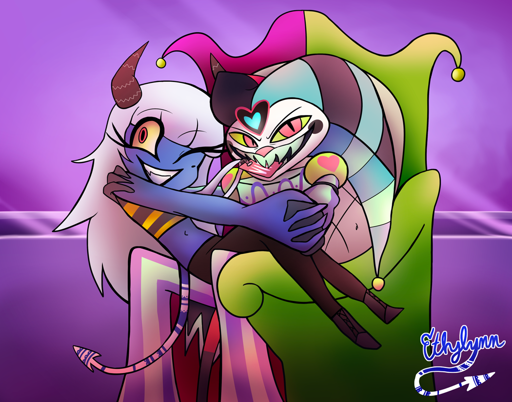 Artwork depicting Ethylynn (left) sitting on Fizzarolli's lap (right) while he bites her lanyard and both pose for a photograph while sitting on a jester chair.
