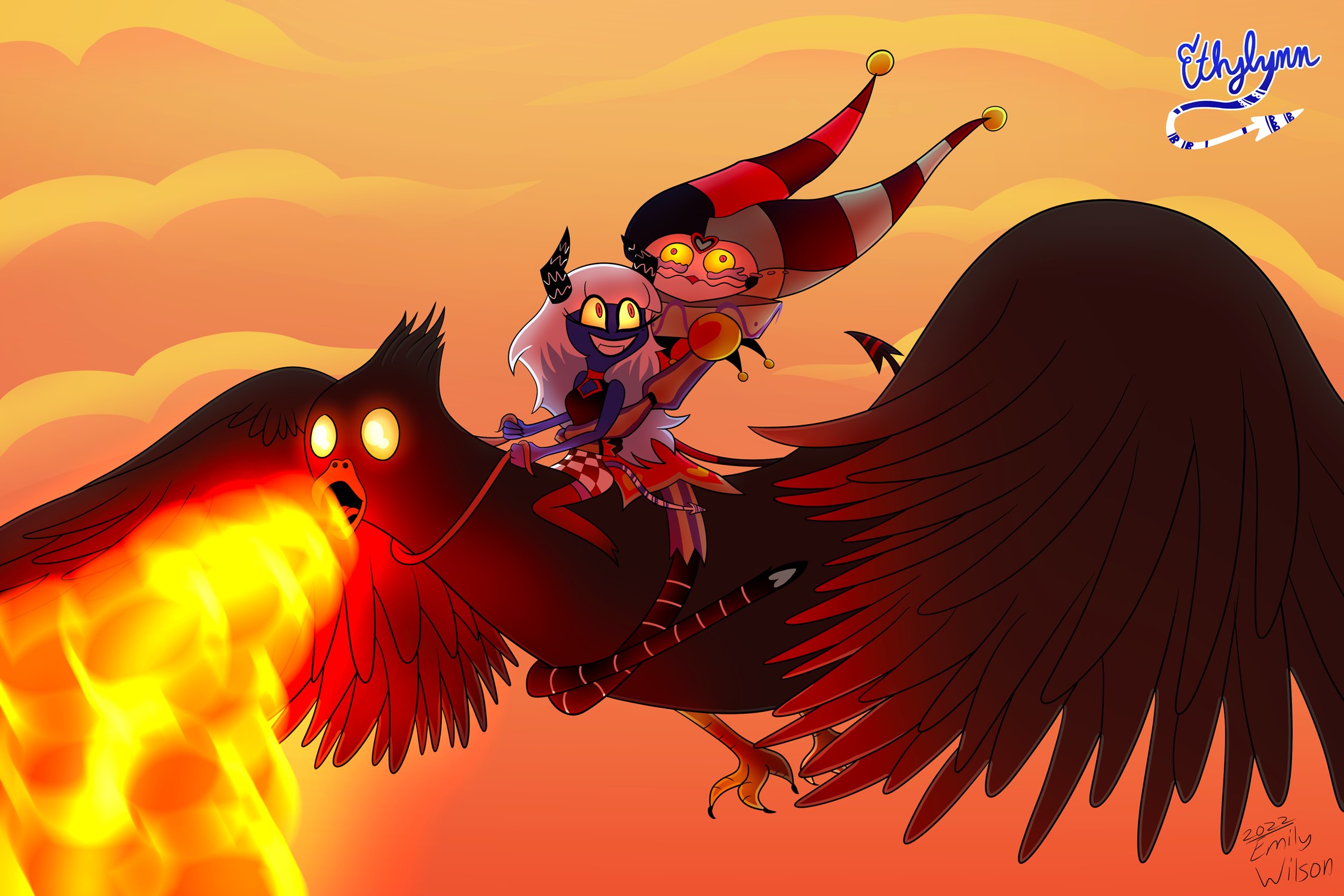 Artwork depicting Ethylynn and Fizzarolli riding a fire-breathing cockatiel bird.