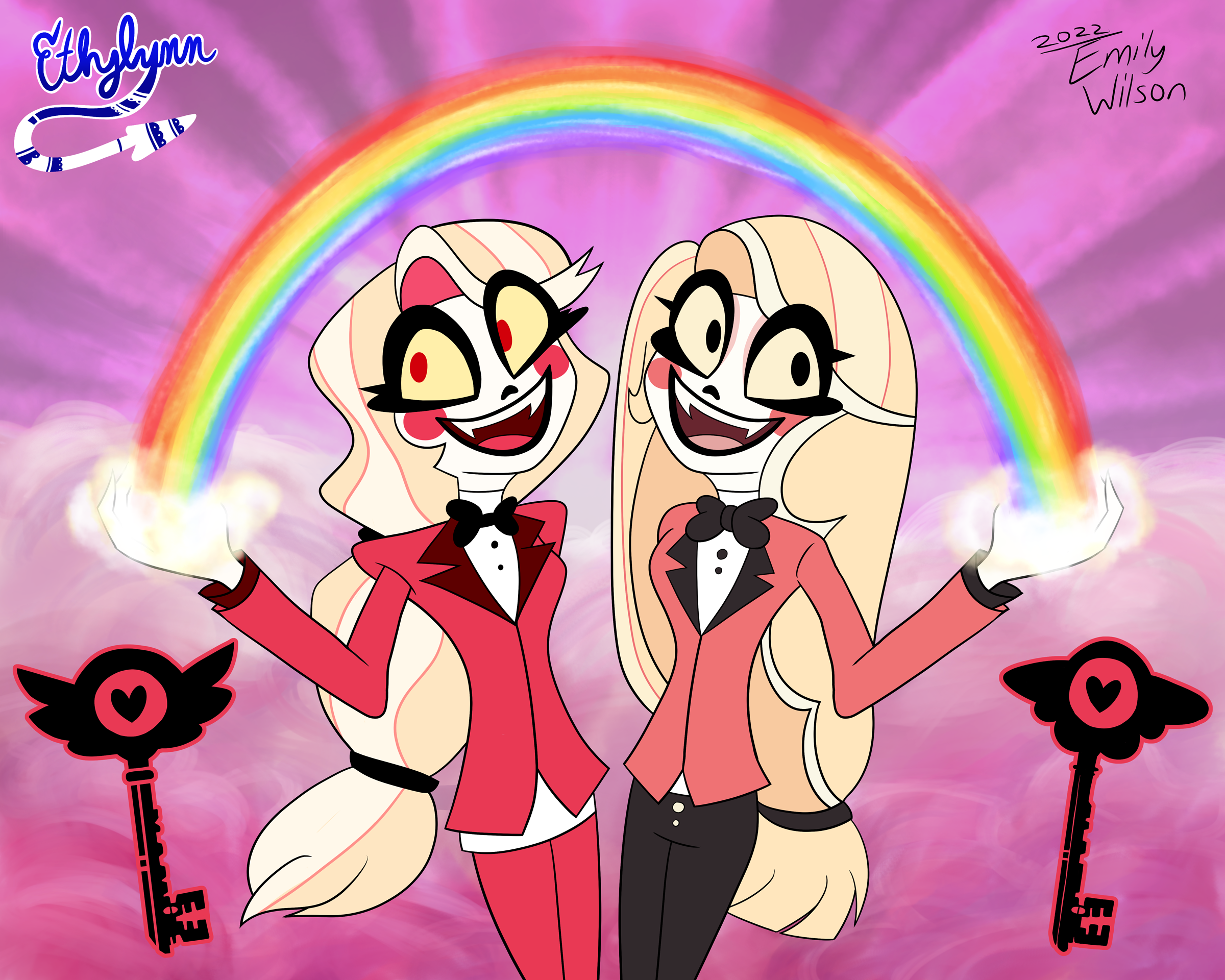 Artwork depicting Charlie's new (left) and old (right) character designs making a rainbow.
