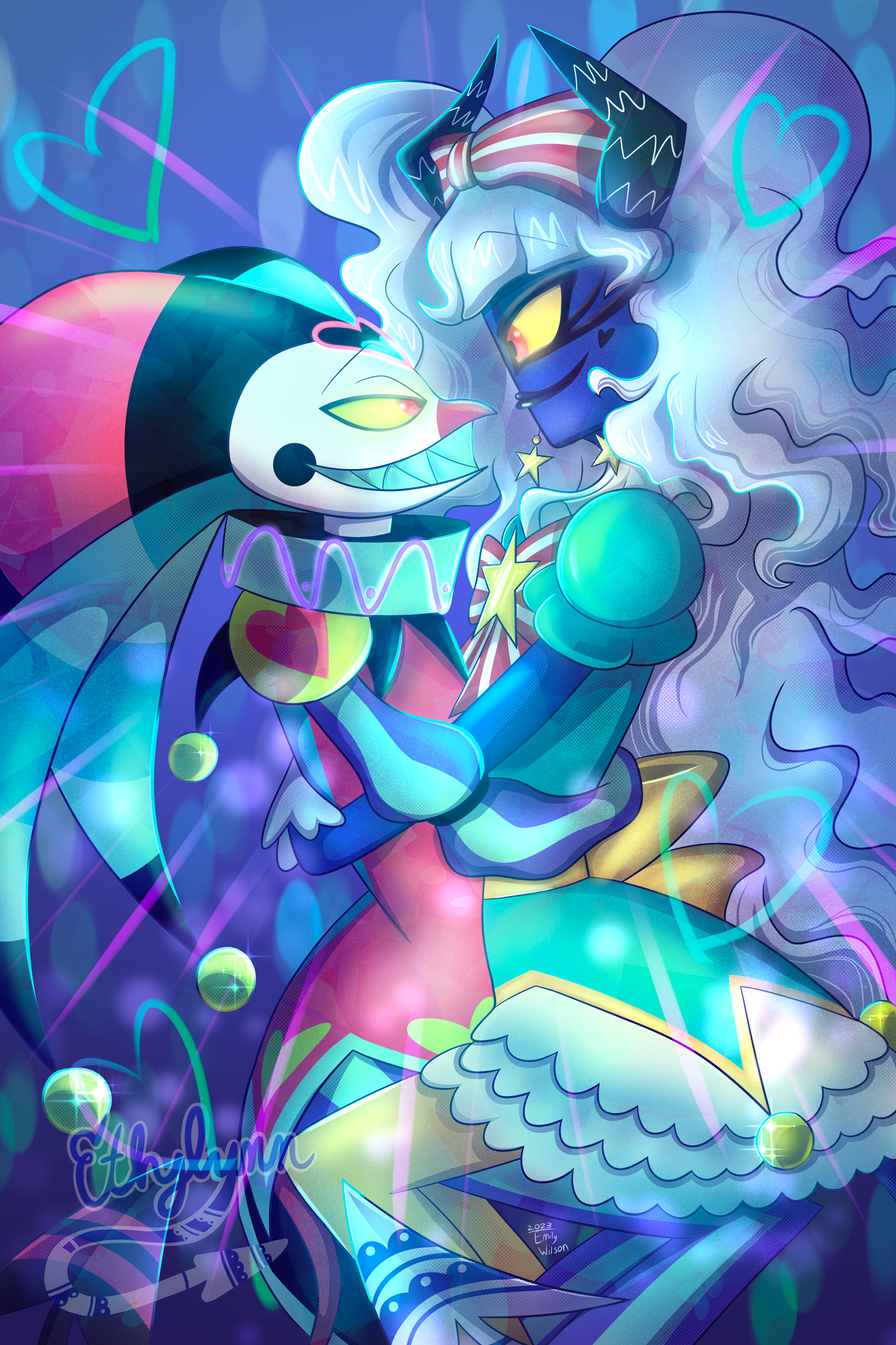 Fizzarolli and Ethylynn embracing while looking at each other lovingly. Ethylynn is on Fizzarolli's lap.